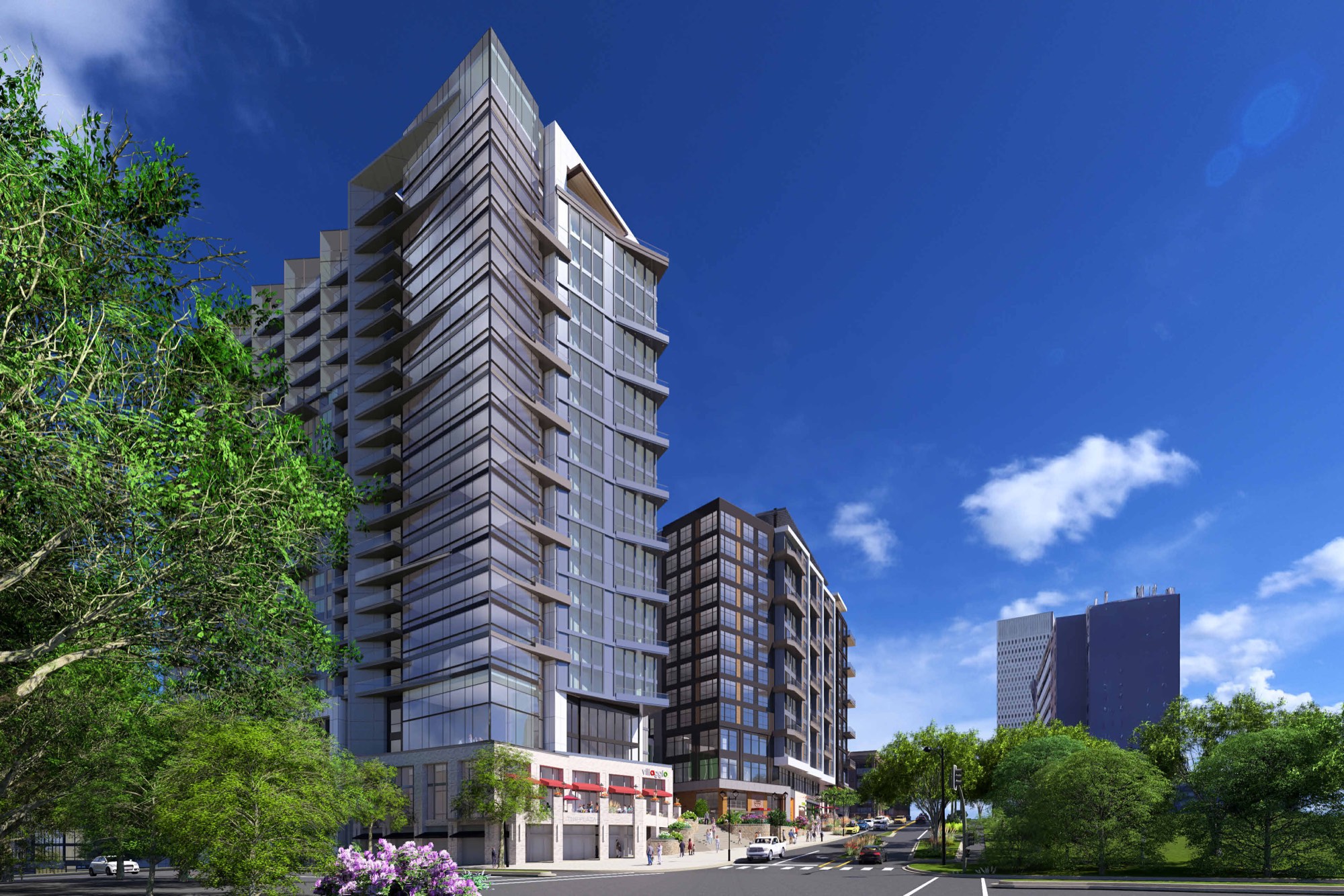 Rendering of 426 North Main looking south at North Main Street and Academy Street in Greenville, South Carolina: a glass residential tower and a second mid-rise building above street-level retail
